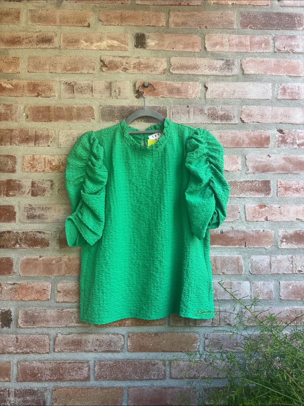 THML Bright Green Ruched Puff Sleeve Blouse